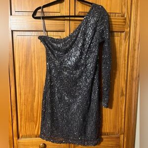 Love Stitch One-Shoulder Black Sequin Mini Dress